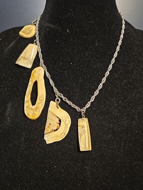 VTG Asymmetric Hand Carved Bone Scrimshaw Charm Statement Necklace 925 Sterling